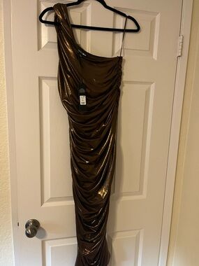 Fashion Nova Metallic Bronze One-Shoulder Ruched Dress